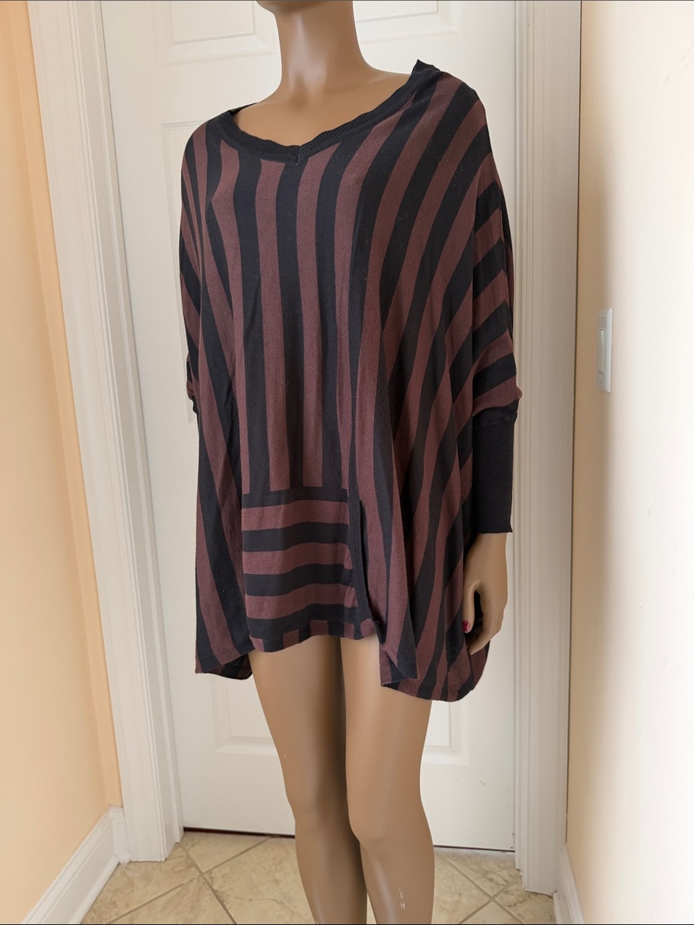 Joan Vass Chocolate Brown and Black Striped Poncho Sweater